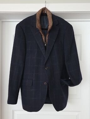 S. Cohen Navy Windowpane Wool Sport Coat with Brown Inner Zip Vest, Size 40R